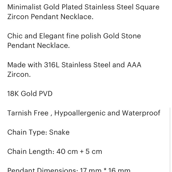 18K Gold Plated Stainless Steel Square White AAA CZ Crystal Pendant Necklace - Picture 11 of 15